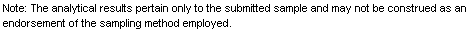Text Box: Note: The analytical results pertain only to the submitted sample and may not be construed as an endorsement of the sampling method employed.